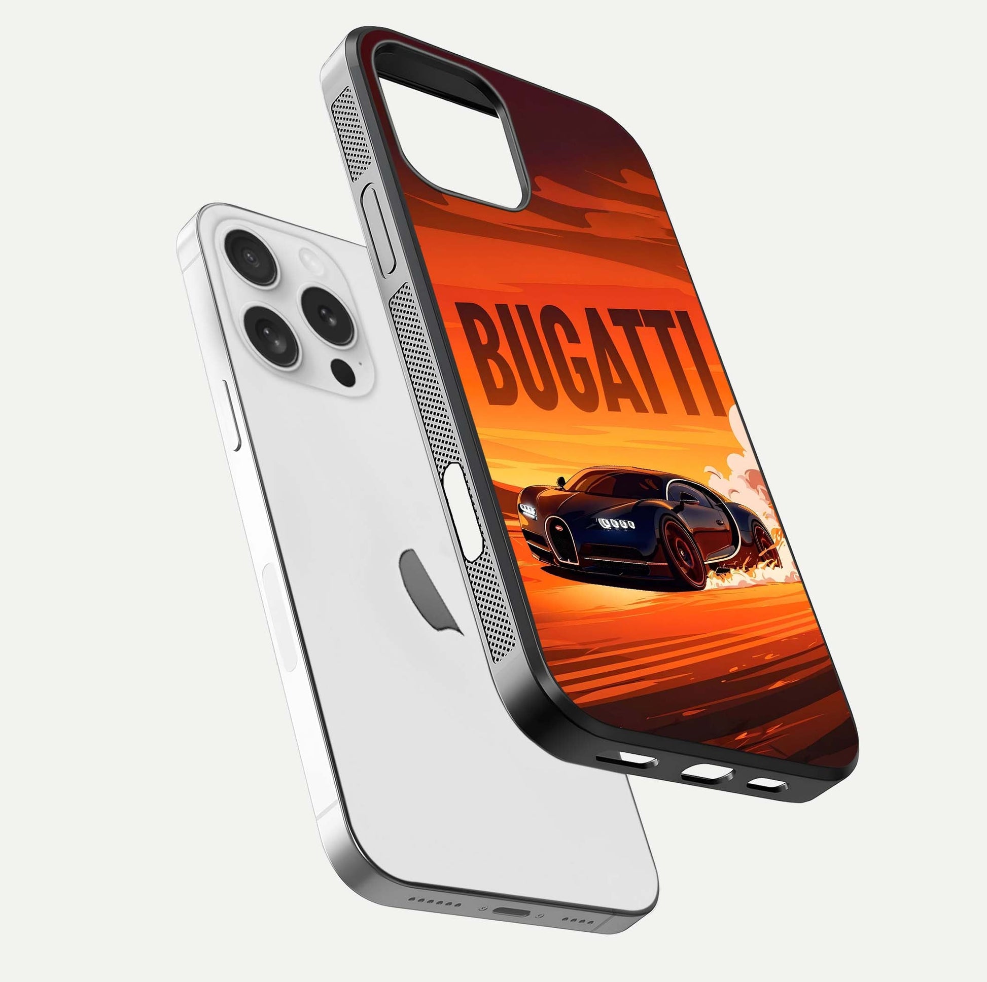 Inferno Bugatti Storm Glass Case for iPhone 16 Pro floating dual-view mockup showing gloss surface and racing energy