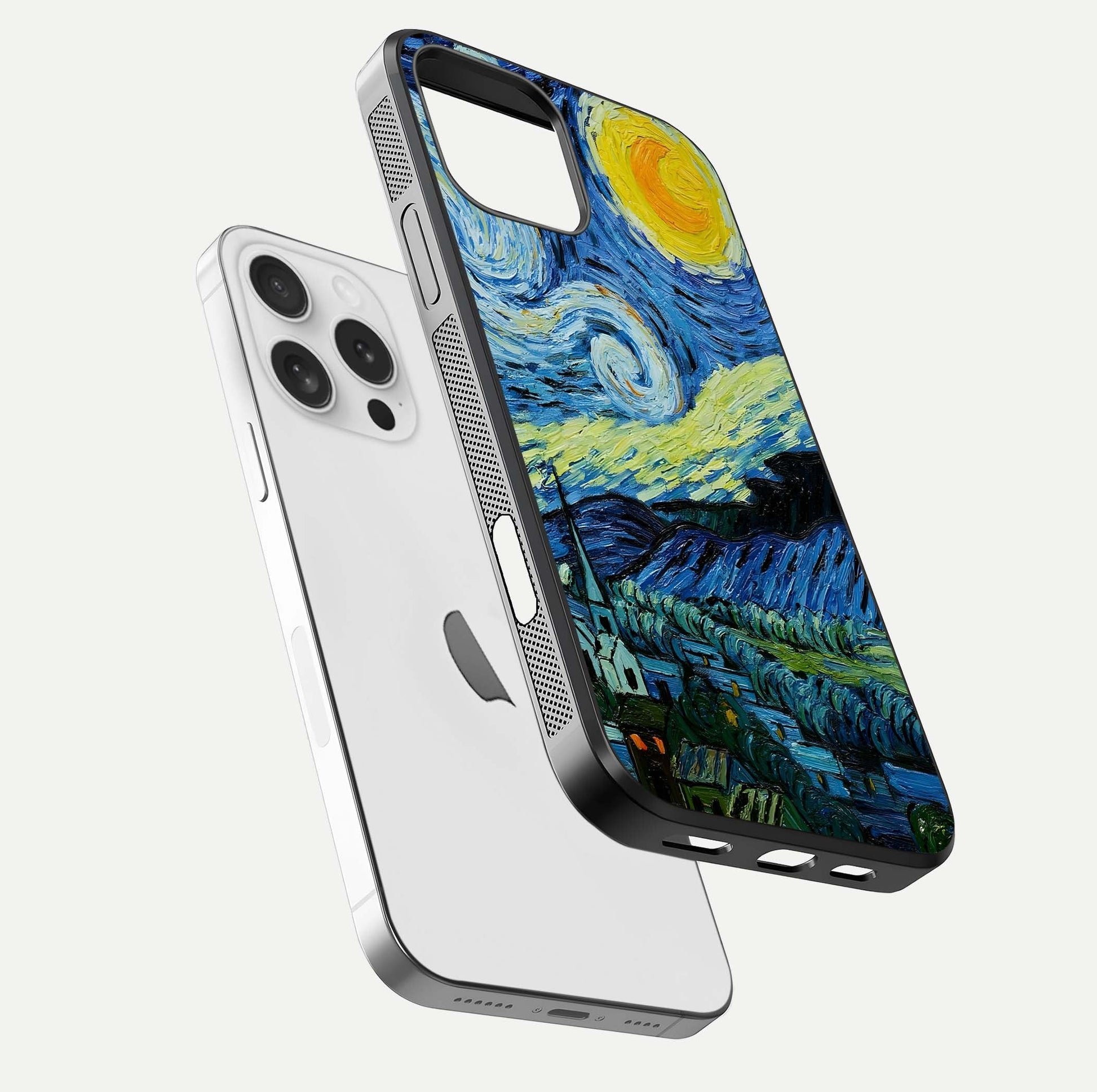 Inspired Van Gogh Art Glass Case for iPhone 16 Pro floating dual-view mockup showing gloss depth and artistic reflection