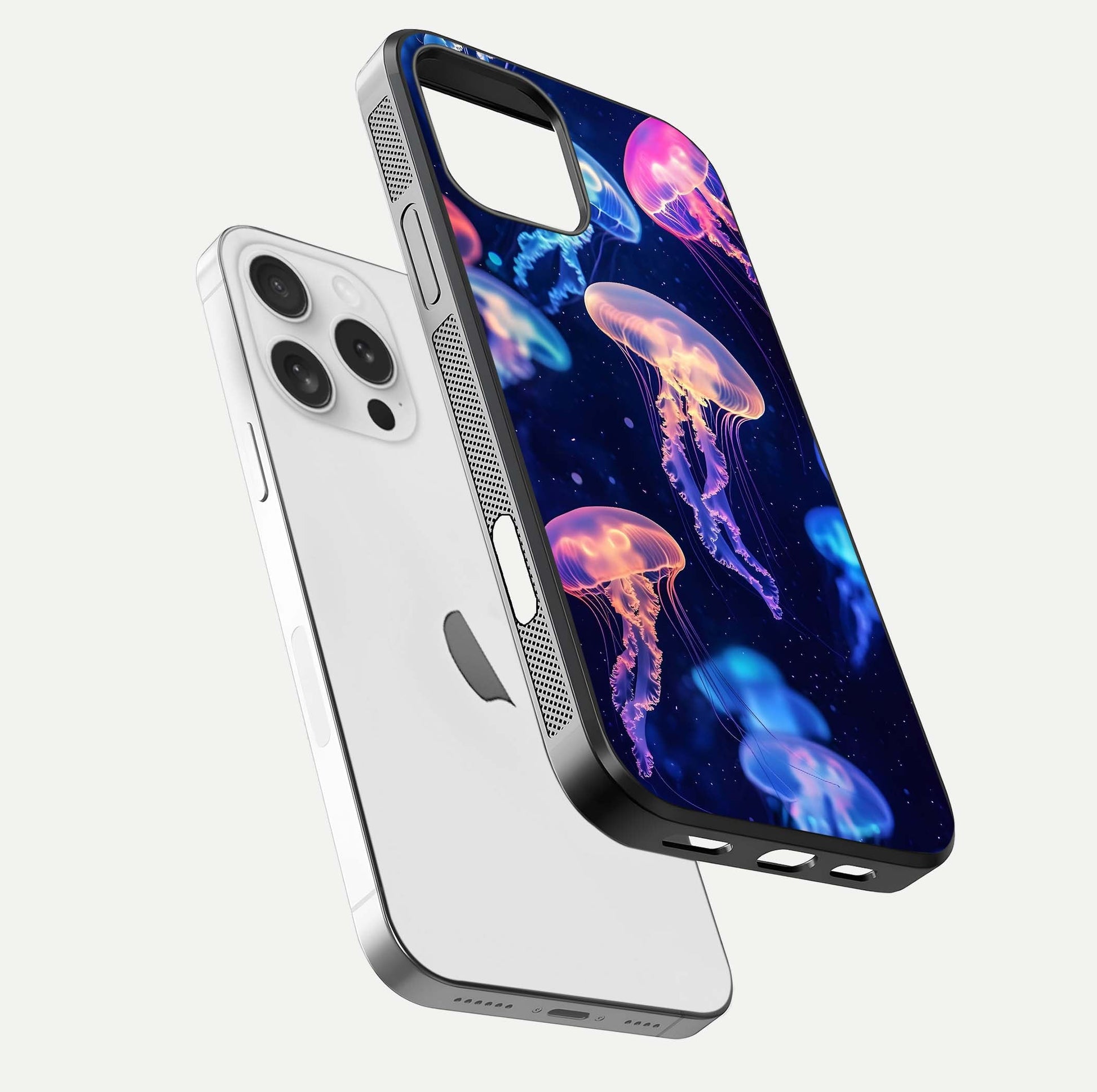 Jellyfish Pattern Glass Case for iPhone 16 Pro floating dual-view mockup showing gloss texture and oceanic depth