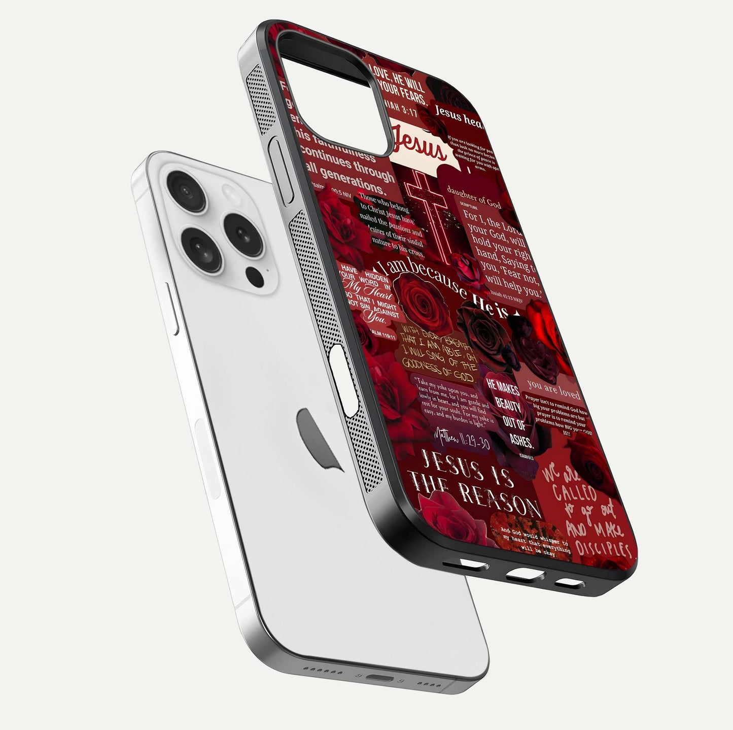 Jesus Love Heals Glass Case for iPhone 16 Pro floating dual-view mockup showing glossy shine and faith-inspired art