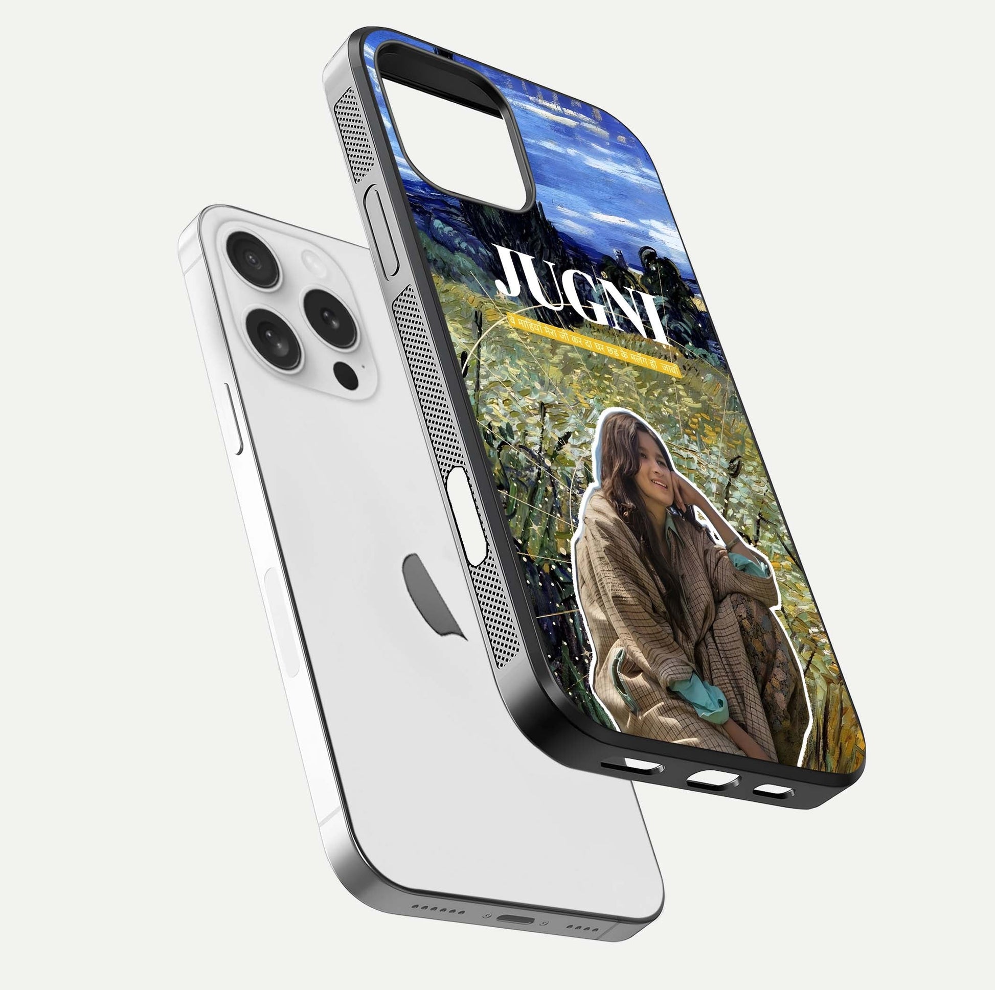 Jugni Soul Vibes Glass Case for iPhone 16 Pro floating dual-view mockup showing gloss surface and vivid design style