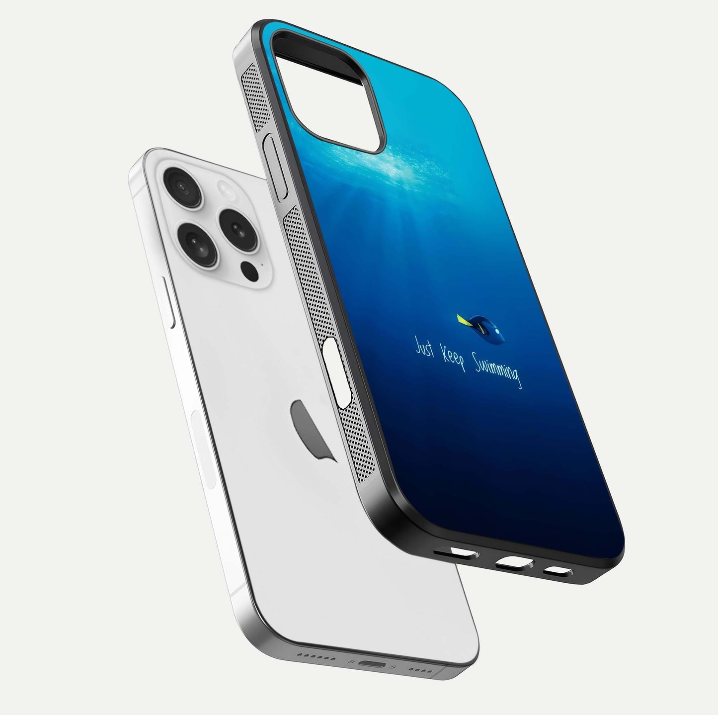 Just Keep Swimming Glass Case for iPhone 16 Pro floating dual-view mockup showing gloss brightness and wave motif