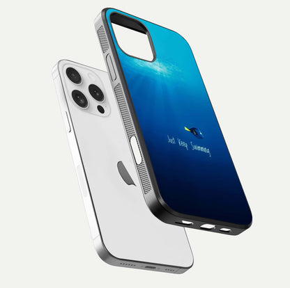 Just Keep Swimming Glass Case for iPhone 16 Pro floating dual-view mockup showing gloss brightness and wave motif