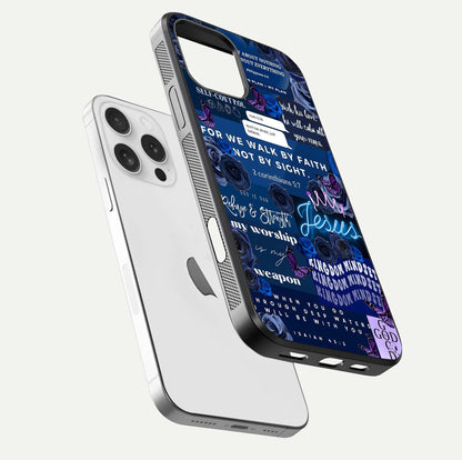 Kingdom Faith Glow Glass Case for iPhone 16 Pro floating dual-view mockup showing premium gloss and golden aura