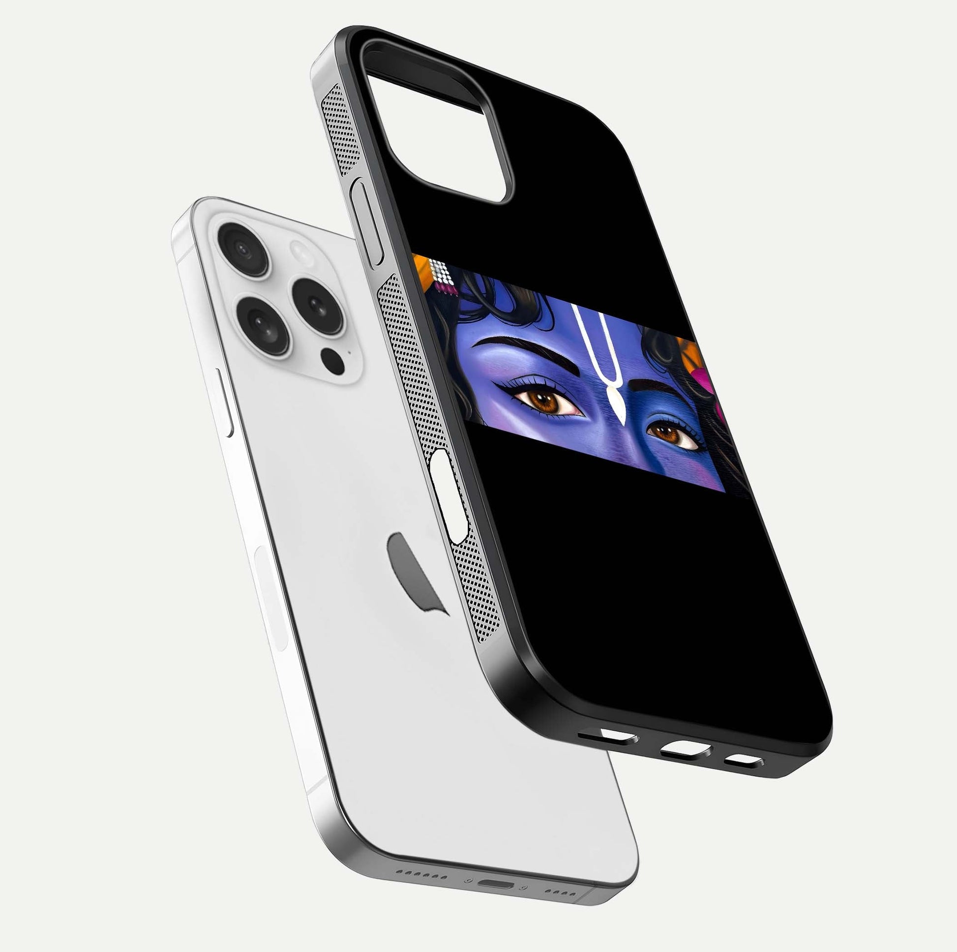 Krishna Eye Glass Case for iPhone 16 Pro floating dual-view mockup showing gloss surface and divine art depth