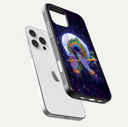 Krishna Hands Art Glass Case for iPhone 16 Pro floating dual-view mockup showing premium gloss reflection