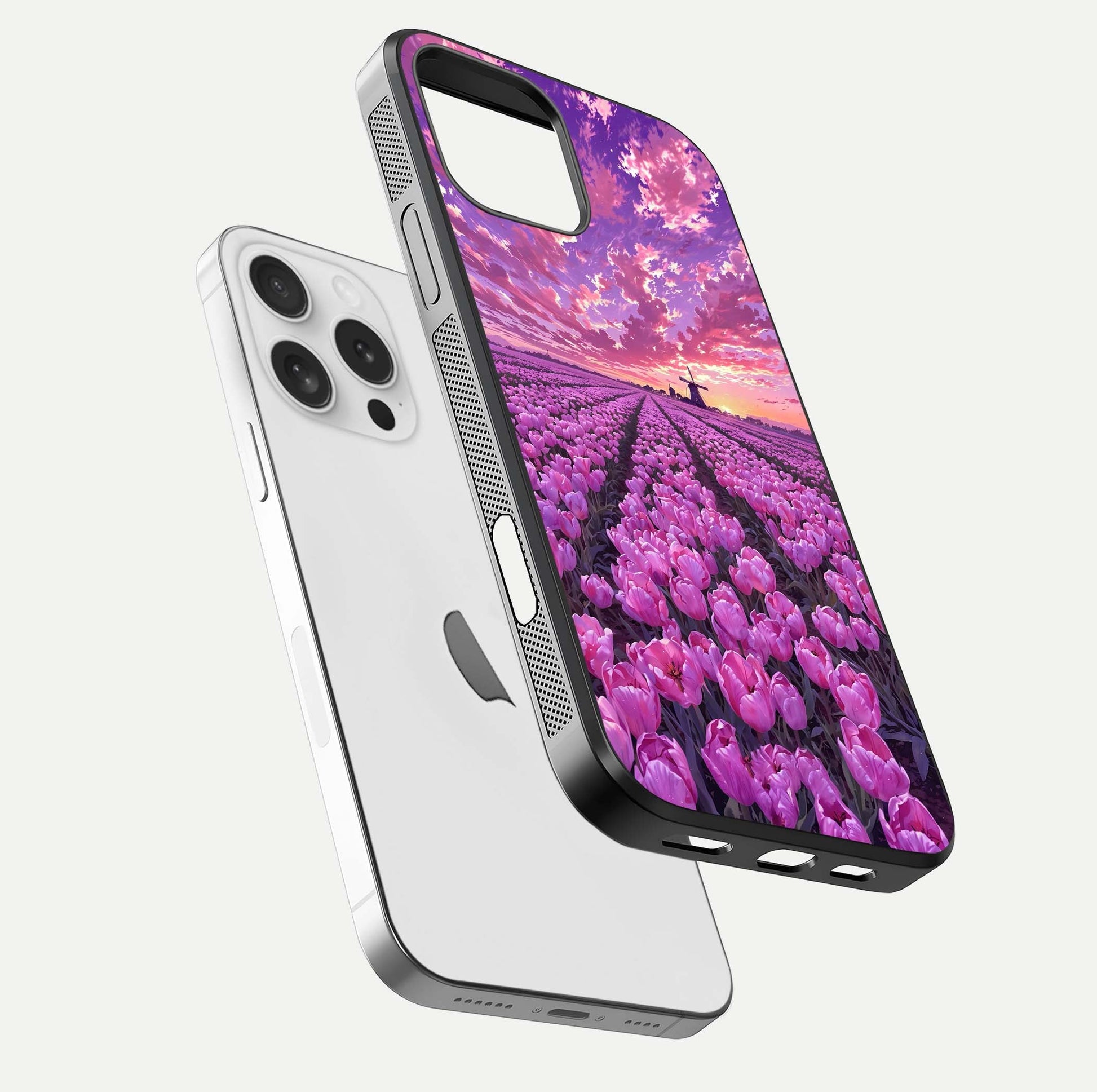 Lavender Dream Skies Glass Case for iPhone 16 Pro floating dual-view mockup showing gloss polish and pastel design
