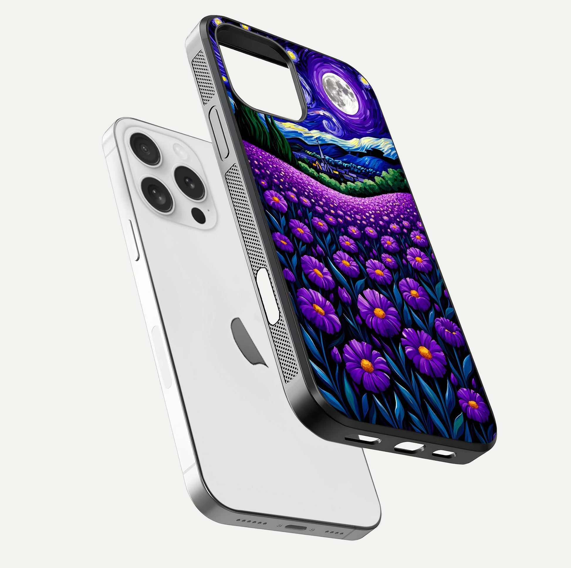 Lavender Moon Field Glass Case for iPhone 16 Pro floating dual-view mockup showing gloss surface and floral glow