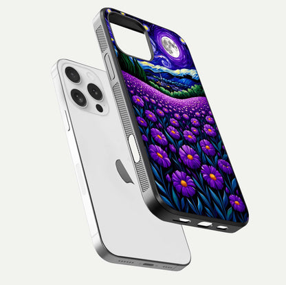 Lavender Moon Field Glass Case for iPhone 16 Pro floating dual-view mockup showing gloss surface and floral glow