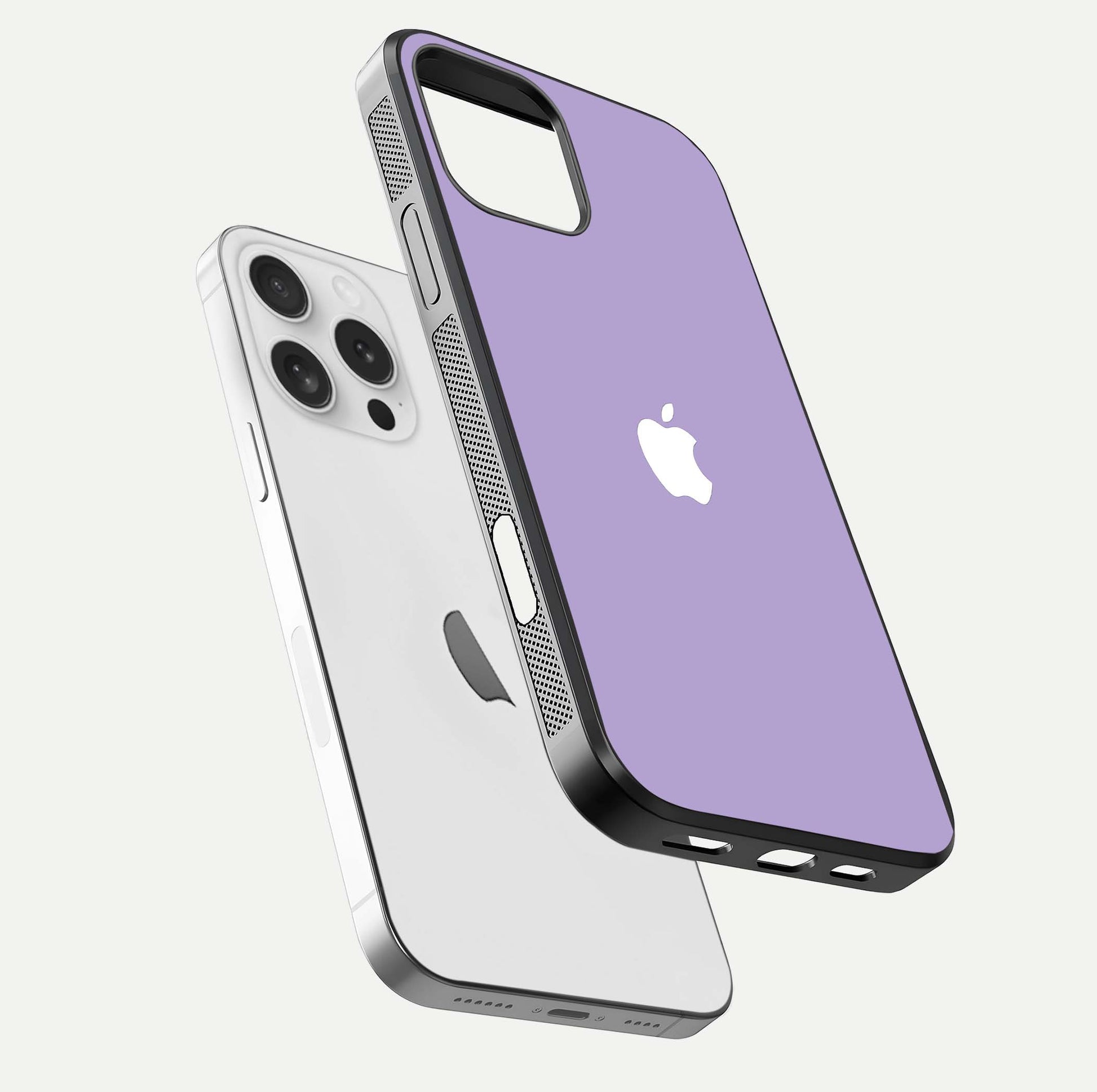 Lavender Soft Minimal Glass Case for iPhone 16 Pro floating dual-view mockup showing gloss reflection and pastel tone