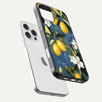 Lemon Dream Garden Glass Case for iPhone 16 Pro floating dual-view mockup showing gloss brightness and vivid yellow print