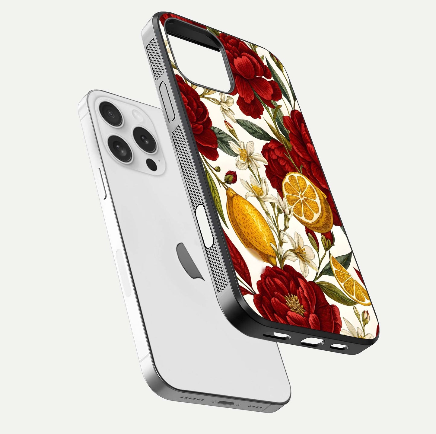 Lemon Rose Charm Glass Case for iPhone 16 Pro floating dual-view mockup showing gloss polish and floral gradient