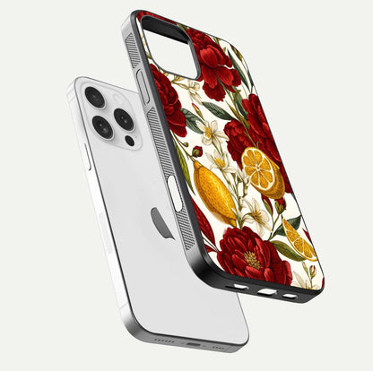 Lemon Rose Charm Glass Case for iPhone 16 Pro floating dual-view mockup showing gloss polish and floral gradient