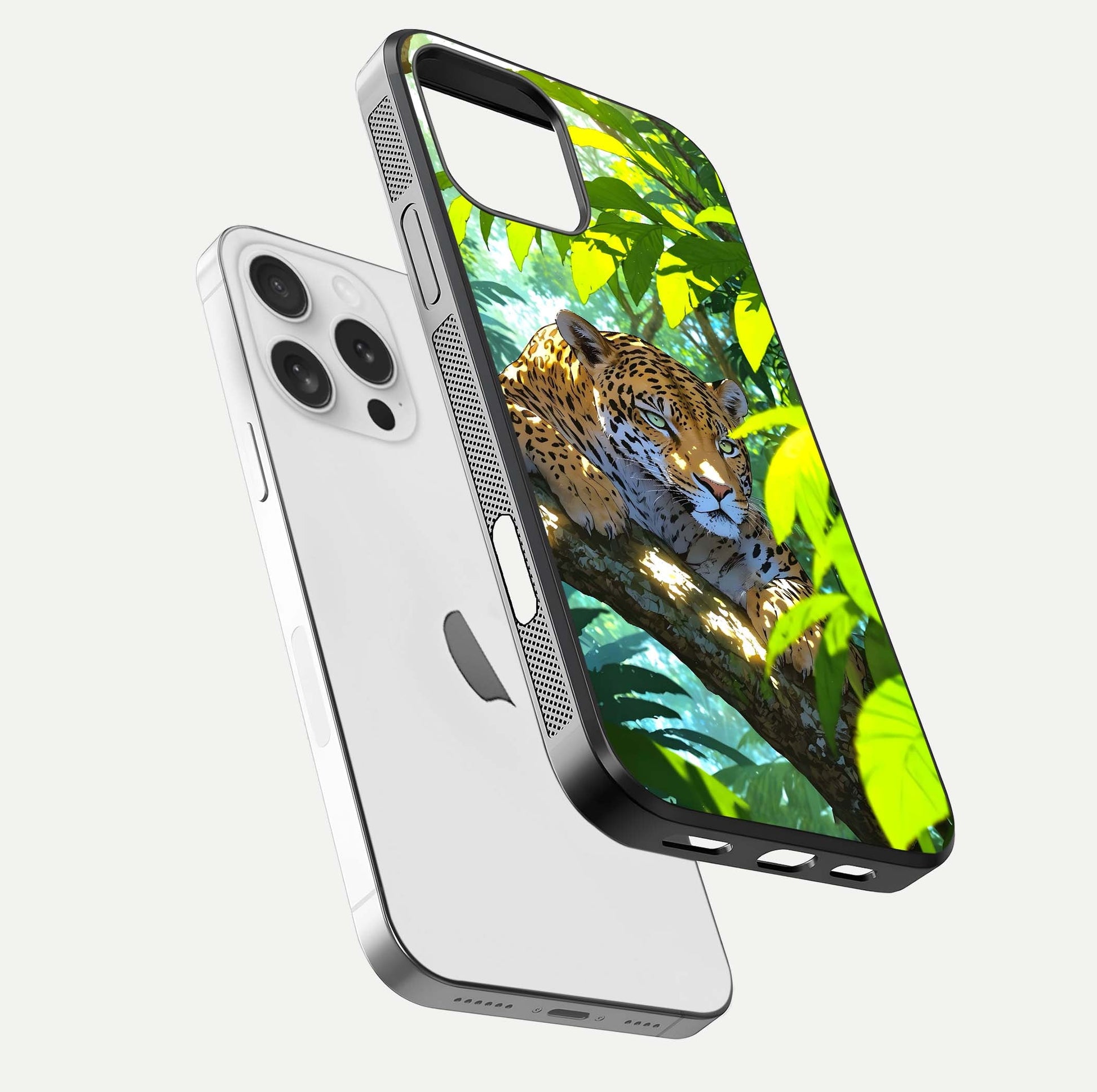 Leopard in Jungle Glass Case for iPhone 16 Pro floating dual-view mockup showing gloss finish and HD wild pattern