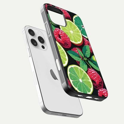 Lime and Raspberry Pattern Glass Case for iPhone 16 Pro floating dual-view showing HD gloss and vivid print
