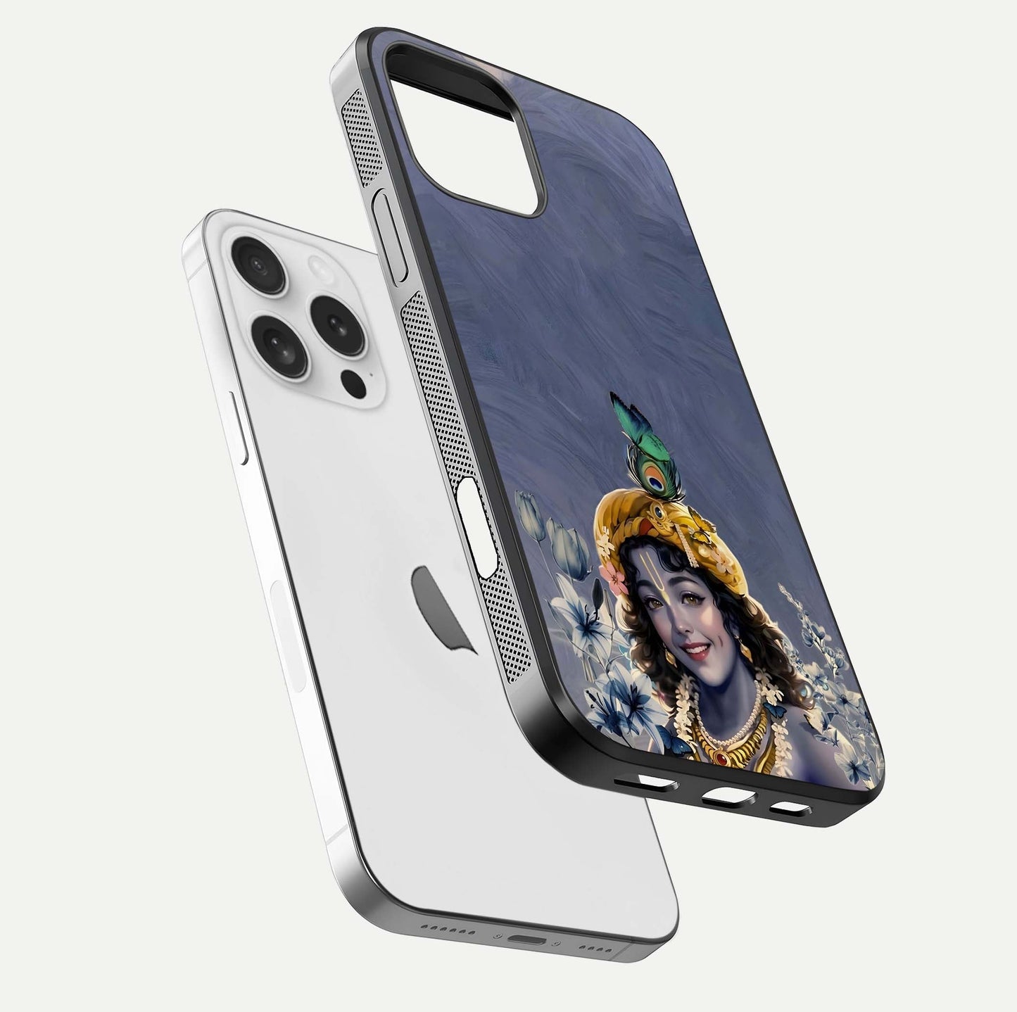 Lord Krishna Glass Case for iPhone 16 Pro floating dual-view showing glossy shine and divine artistic pattern