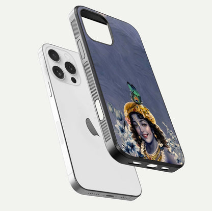 Lord Krishna Glass Case for iPhone 16 Pro floating dual-view showing glossy shine and divine artistic pattern
