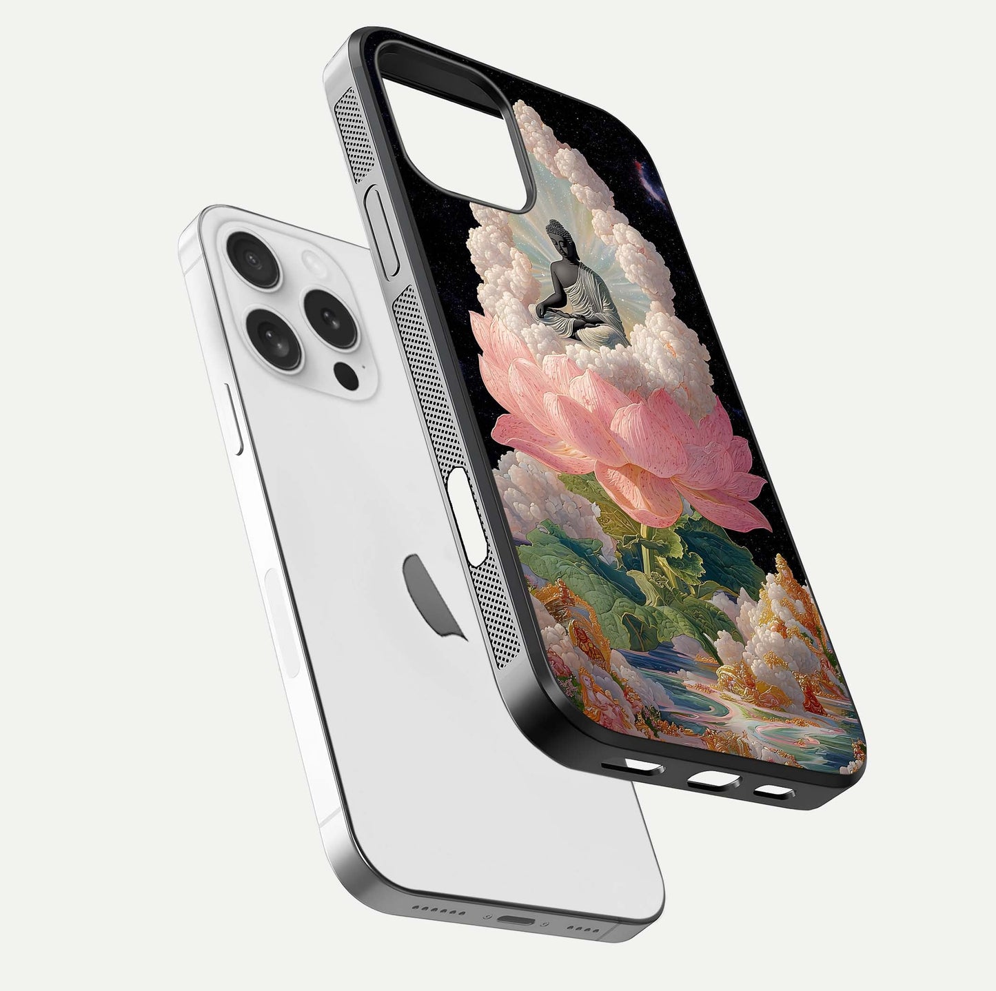 Lotus Divine Peace Glass Case for iPhone 16 Pro floating dual-view mockup with glass glow and spiritual calm art