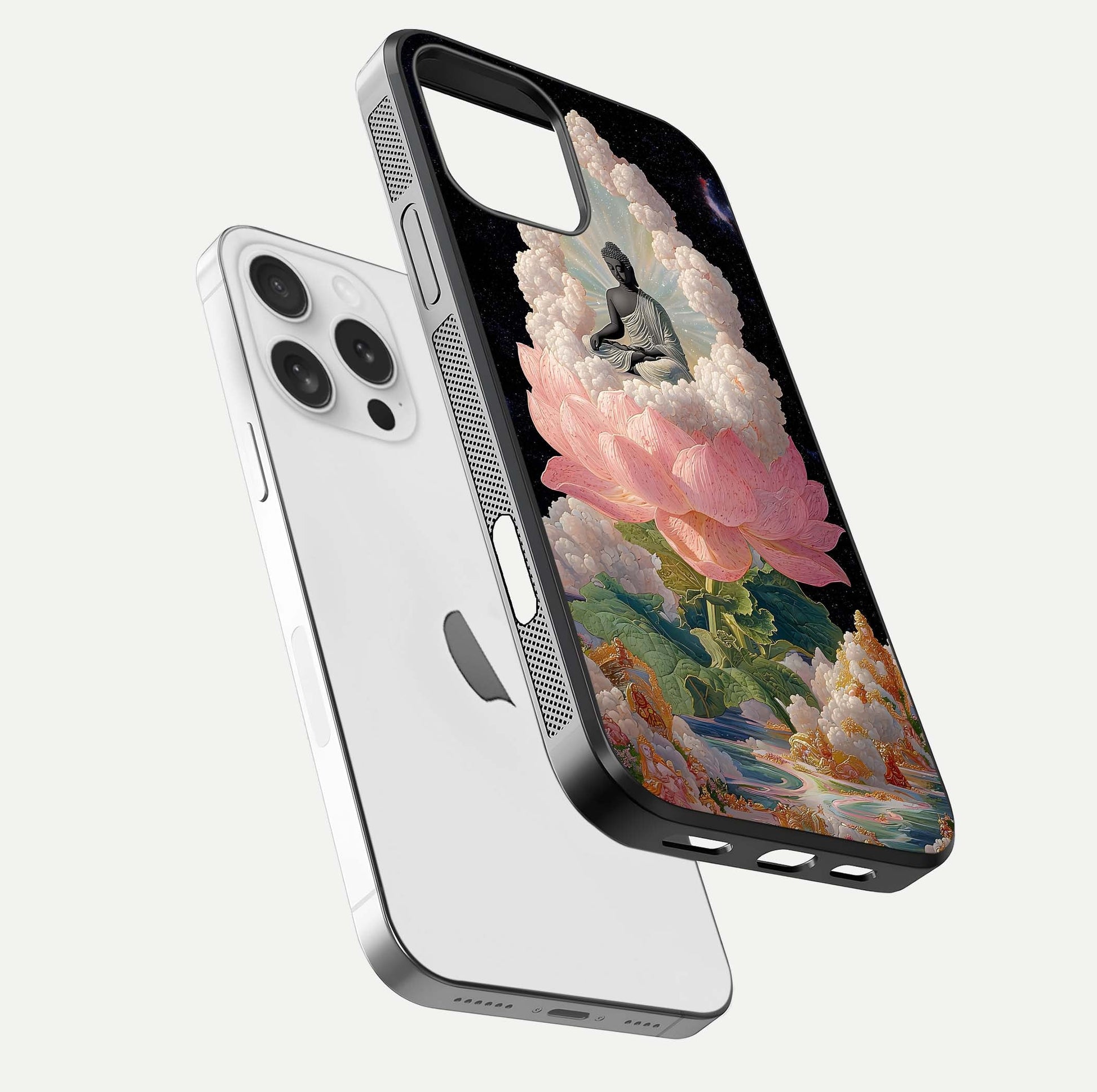 Lotus Divine Peace Glass Case for iPhone 16 Pro floating dual-view mockup with glass glow and spiritual calm art