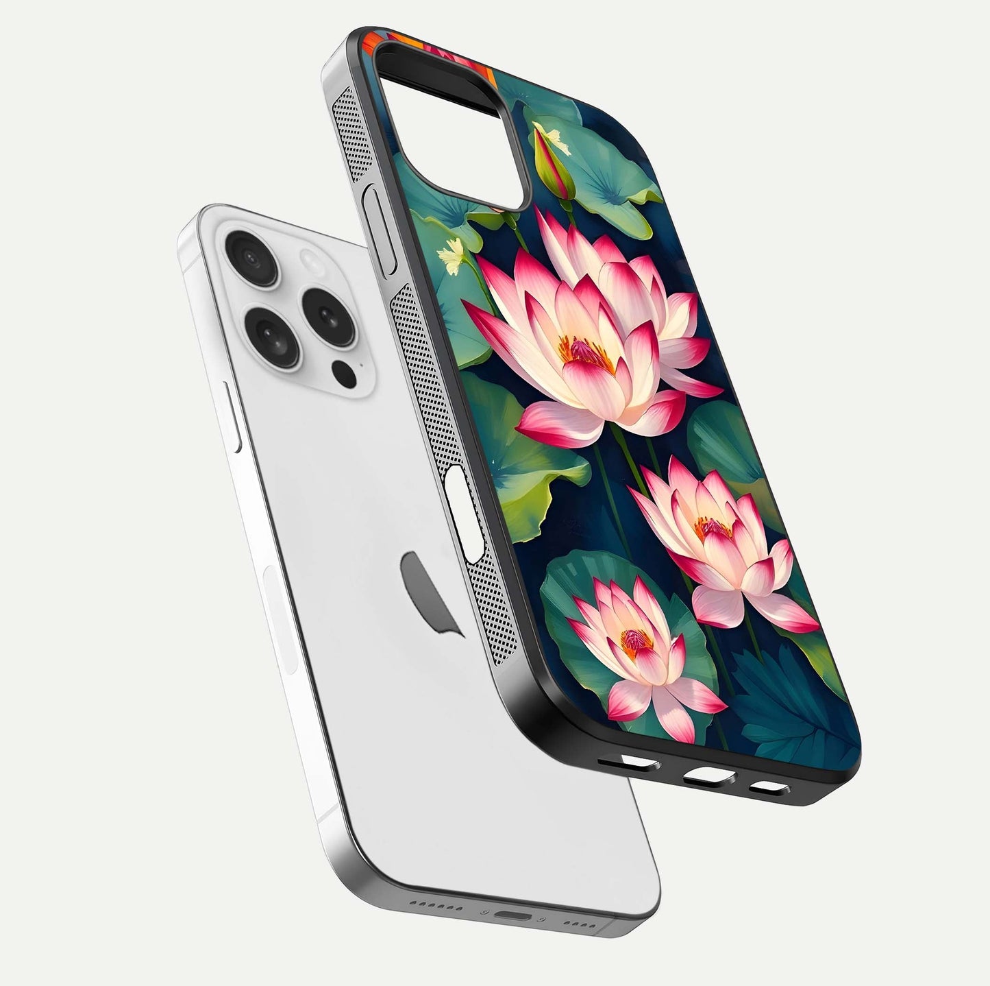 Lotus Dream Serenity Glass Case for iPhone 16 Pro floating dual-view mockup highlighting HD gloss glow