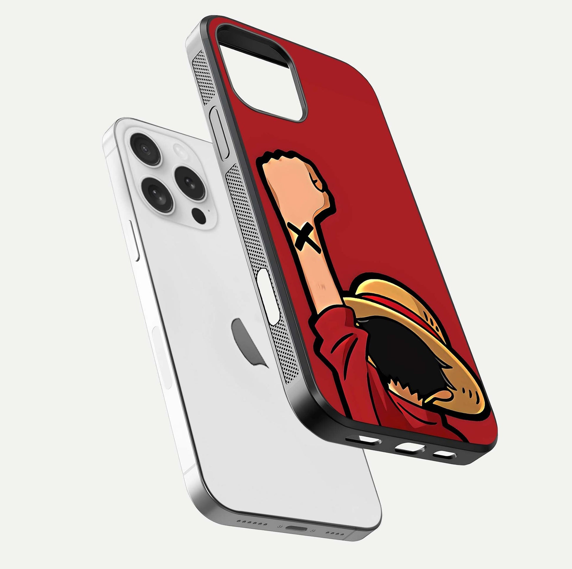 Luffy X Spirit Glass Case for iPhone 16 Pro floating dual-view mockup showing gloss polish and vibrant color depth