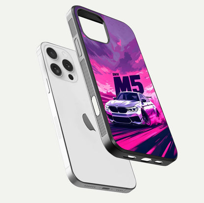 MS Neon Car Glass Case for iPhone 16 Pro floating dual-view mockup showing HD gloss and electric color tones