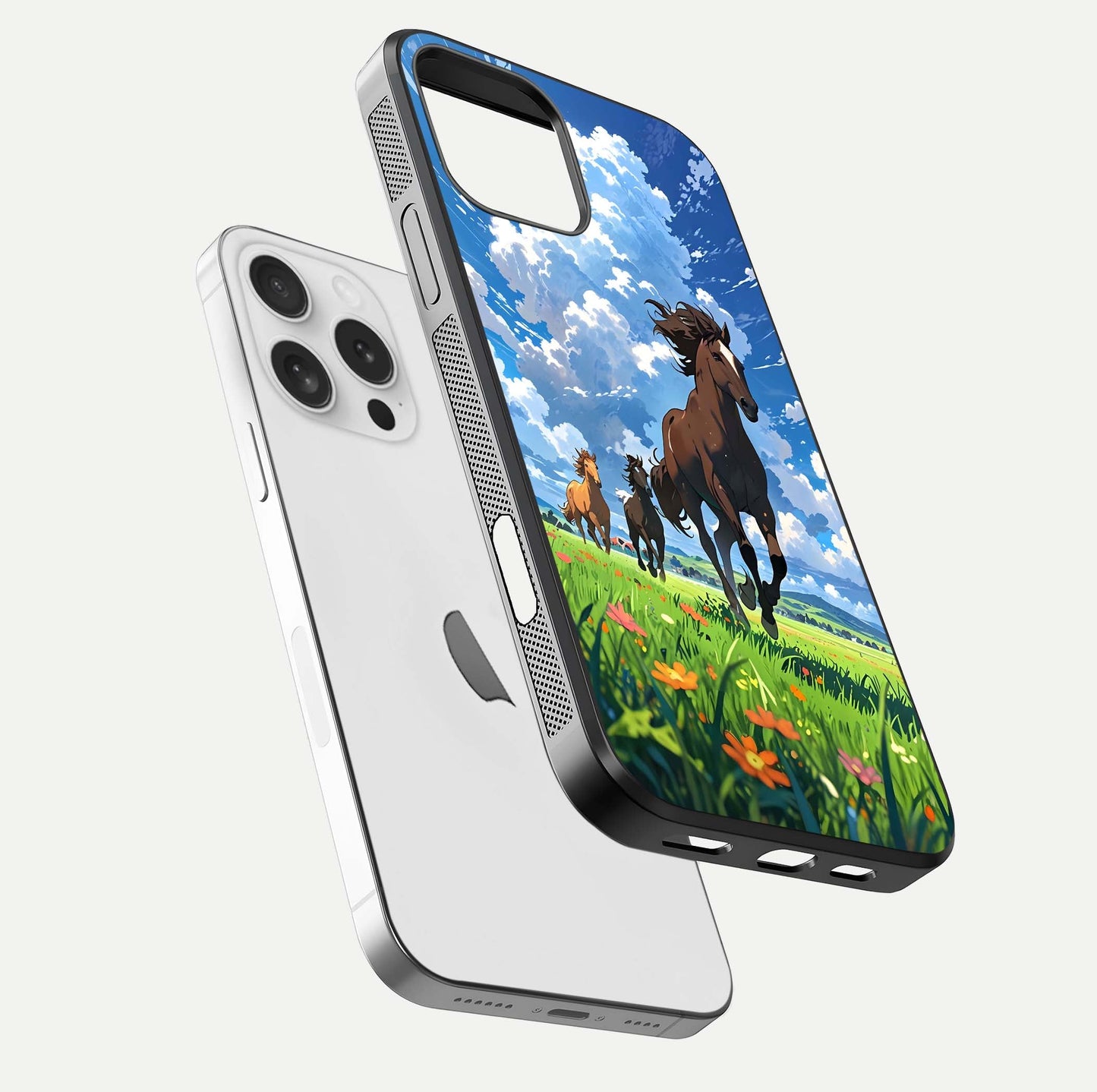 Majestic Horses Galloping Glass Case for iPhone 16 Pro floating dual-view mockup showing gloss texture and vivid tones