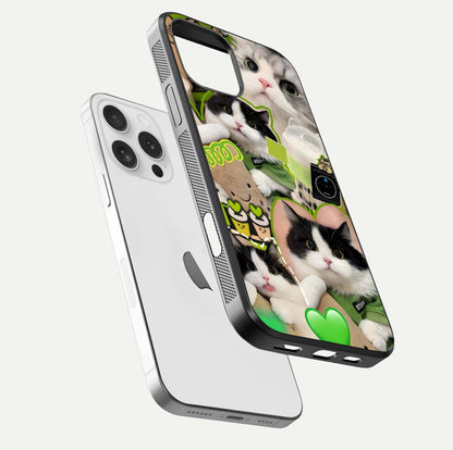 Matcha Cats Mood Glass Case for iPhone 16 Pro floating dual-view mockup showing HD gloss surface and soft tones