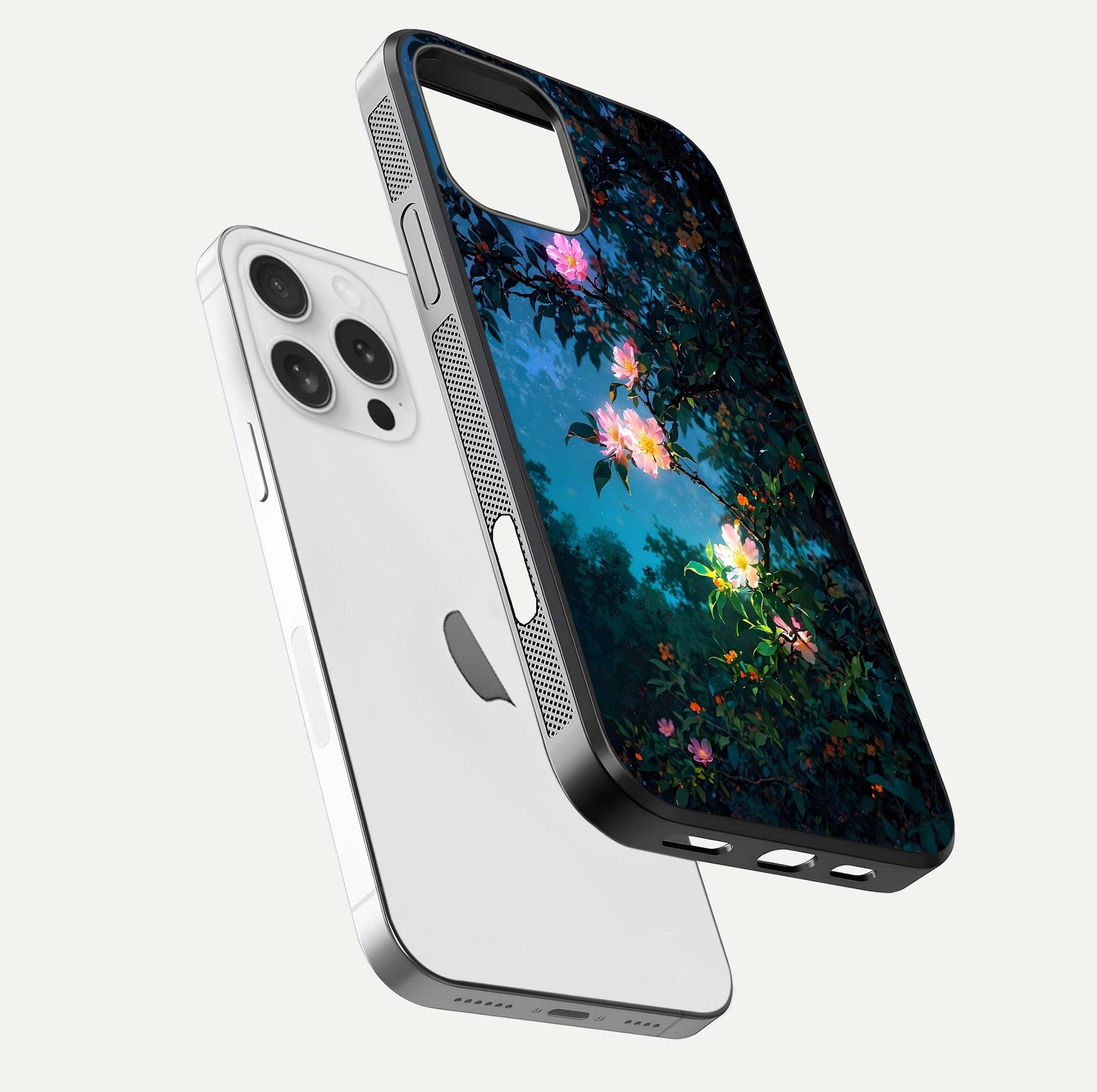 Midnight Bloom Glow Glass Case for iPhone 16 Pro floating dual-view mockup showing HD gloss and floral contrast