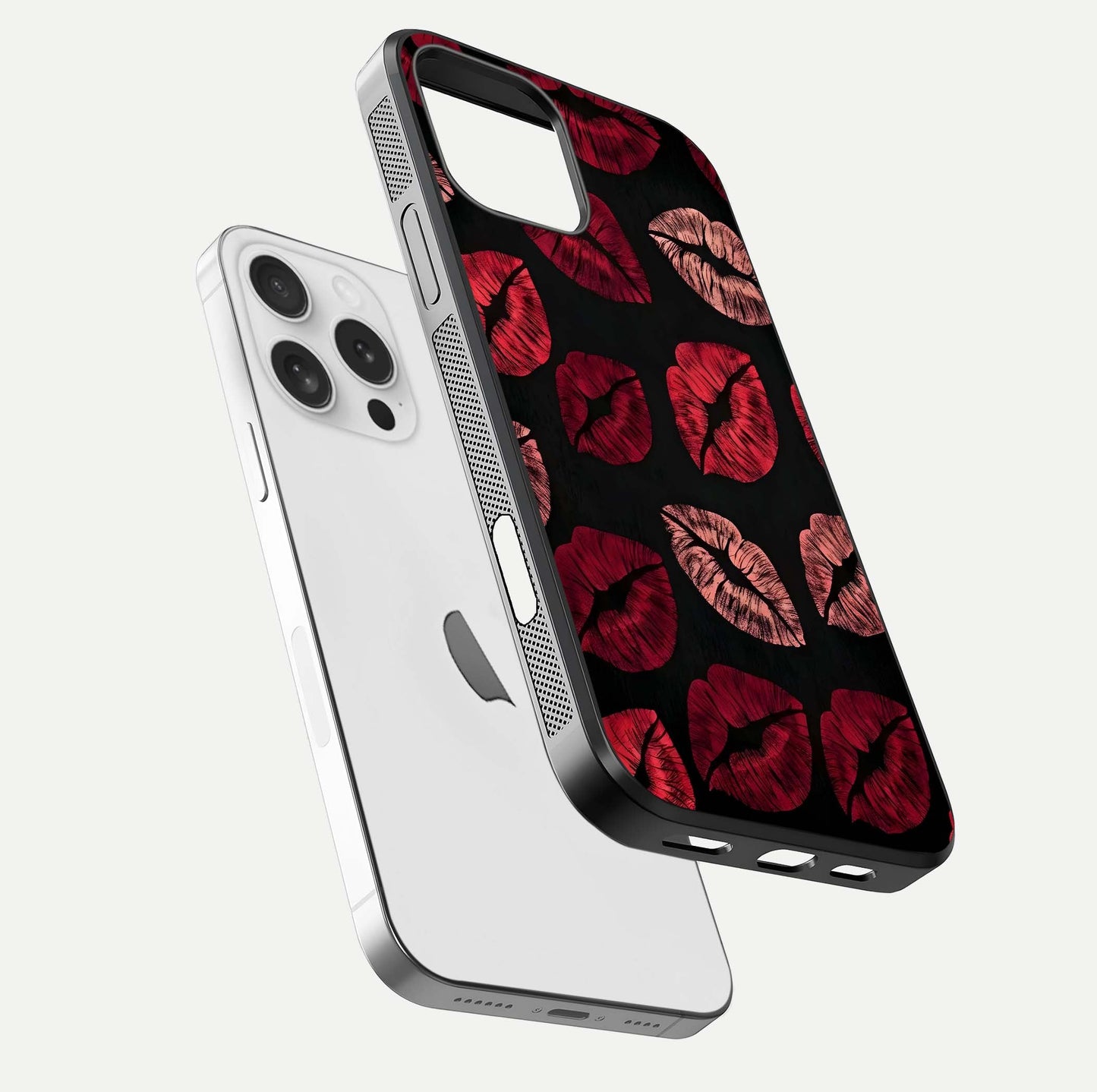 Midnight Kiss Love Glass Case for iPhone 16 Pro floating dual-view mockup showing HD gloss and elegant edge design
