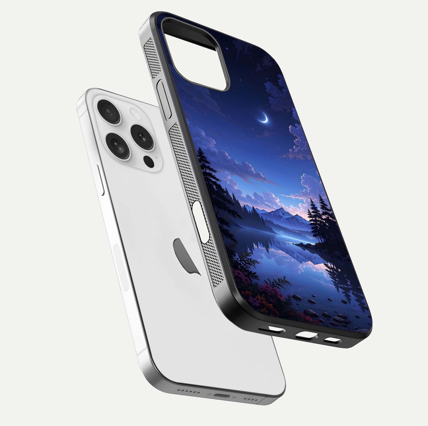 Midnight Lake Peace Glass Case for iPhone 16 Pro floating dual-view mockup showing gloss finish and peaceful art