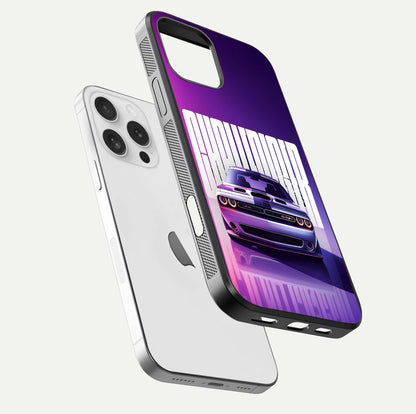 Midnight Muscle Ride Glass Case for iPhone 16 Pro floating dual-view mockup showing glossy finish and shine depth