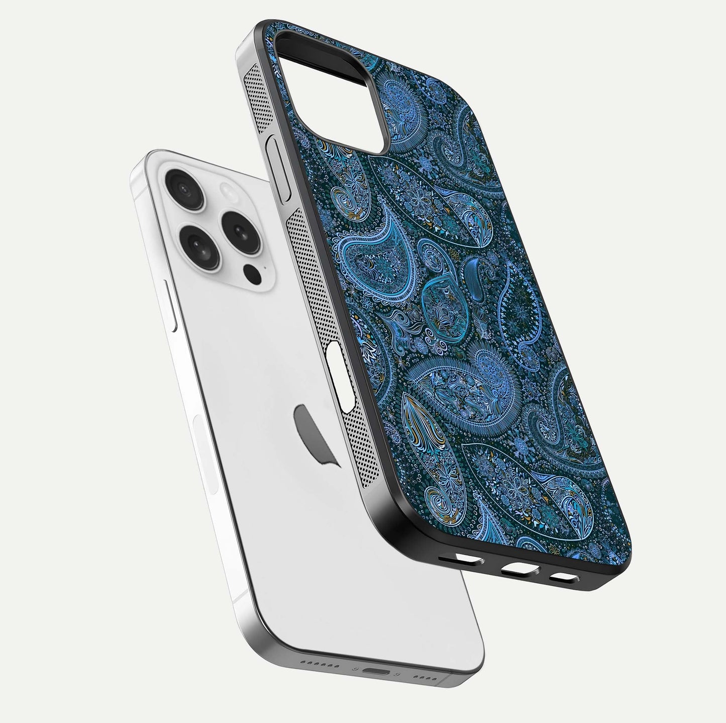Midnight Paisley Glow Glass Case for iPhone 16 Pro floating dual-view mockup showing HD gloss and rich pattern