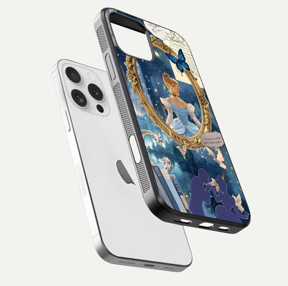 Midnight Queen Glass Case for iPhone 16 Pro floating dual-view mockup showing HD glass shine and luxury art
