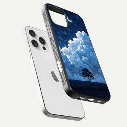Midnight Sky Serenity Glass Case for iPhone 16 Pro floating dual-view mockup showing HD gloss and night shine