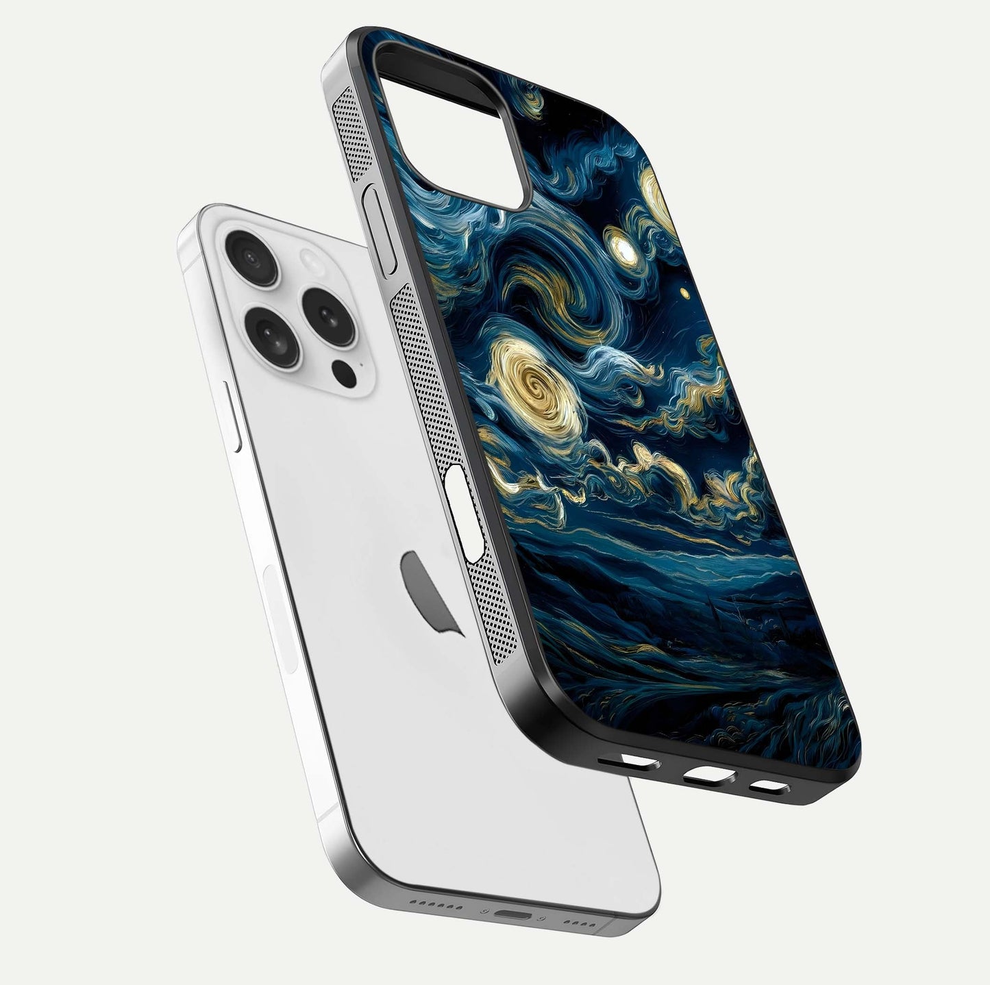 Midnight Sky Whirl Glass Case for iPhone 16 Pro floating dual-view mockup showing gloss texture and shine