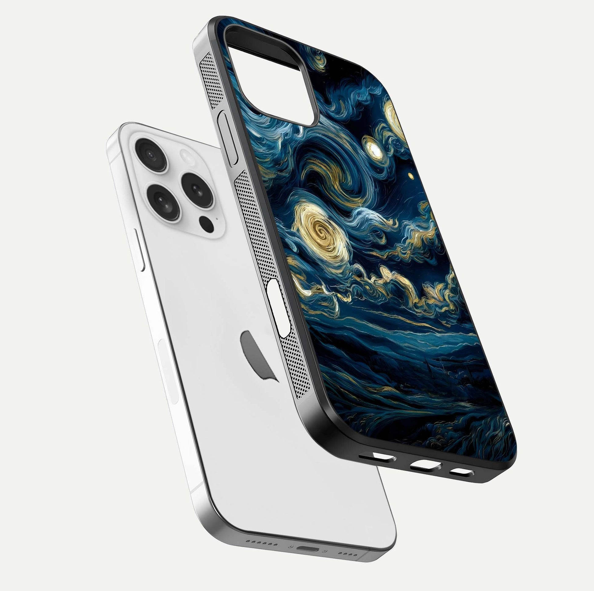 Midnight Sky Whirl Glass Case for iPhone 16 Pro floating dual-view mockup showing gloss texture and shine