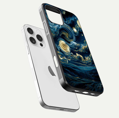 Midnight Sky Whirl Glass Case for iPhone 16 Pro floating dual-view mockup showing gloss texture and shine
