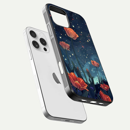 Midnight Tulip Glow Glass Case for iPhone 16 Pro floating dual-view mockup showing HD gloss and tulip tone