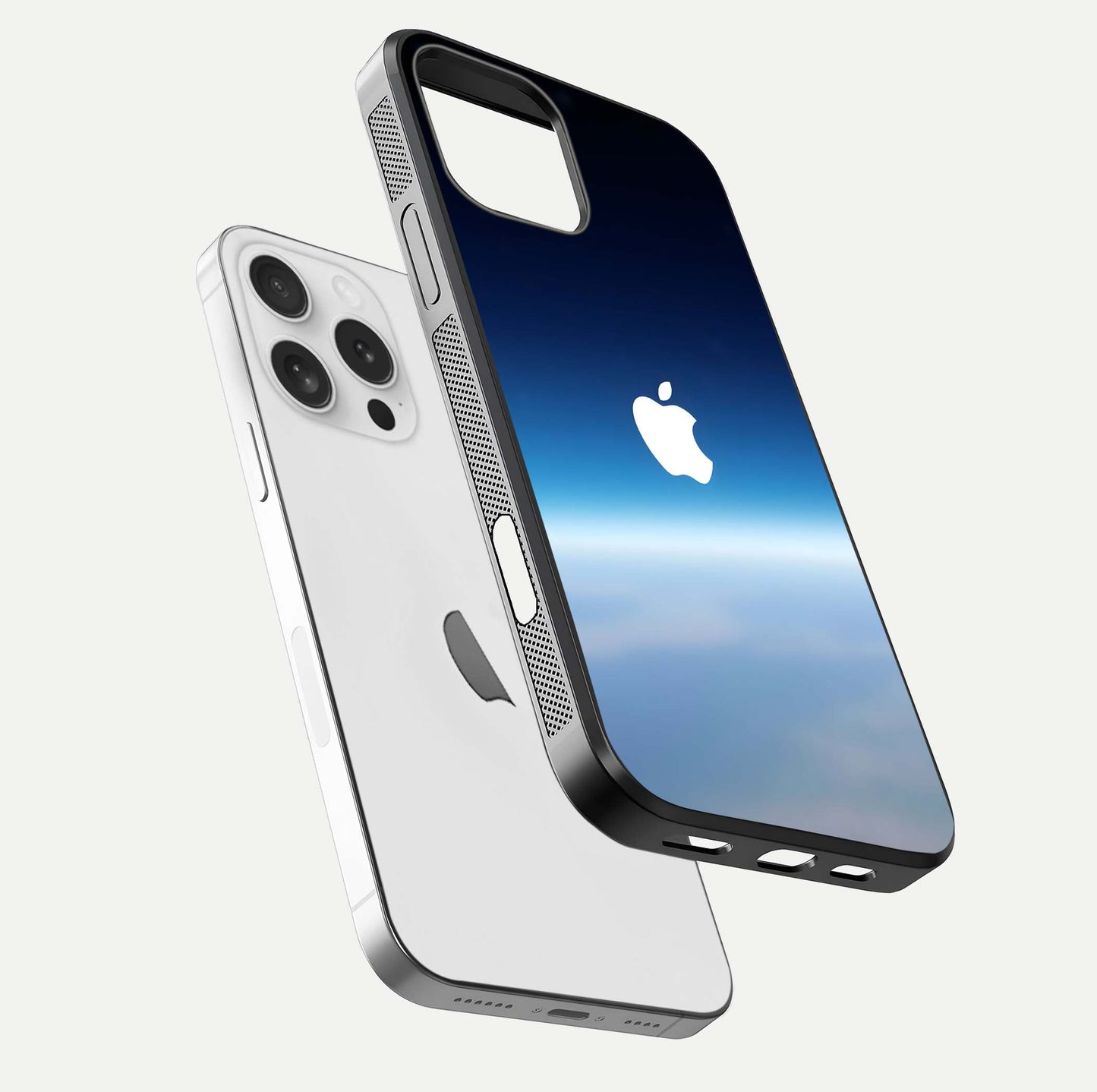 Minimal Apple Sky Glass Case for iPhone 16 Pro floating dual-view mockup showing HD gloss and Apple design
