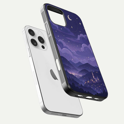 Minimal Night View Glass Case for iPhone 16 Pro floating dual-view mockup showing HD gloss and clean lines