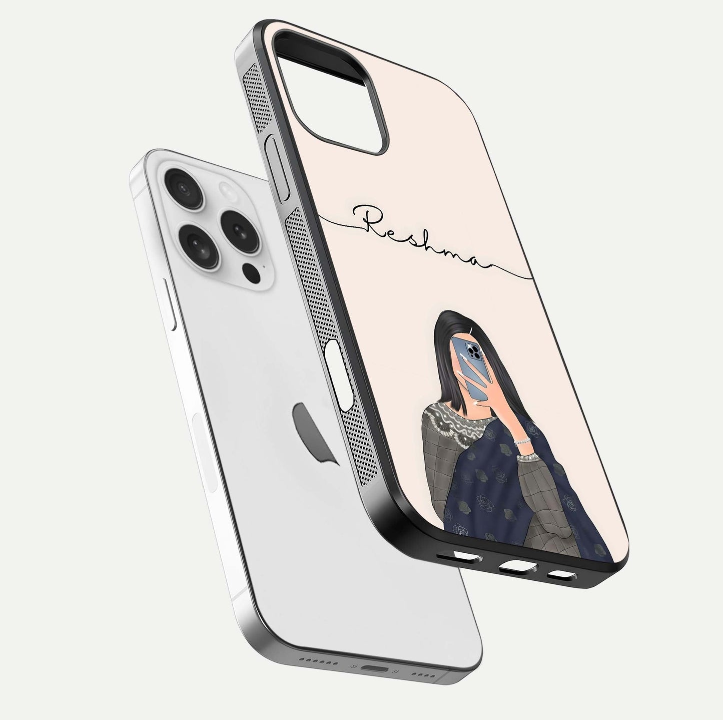 Mirror Mood Muse Custom Name Glass Case for iPhone 16 Pro floating dual-view mockup showing reflection and luxury style