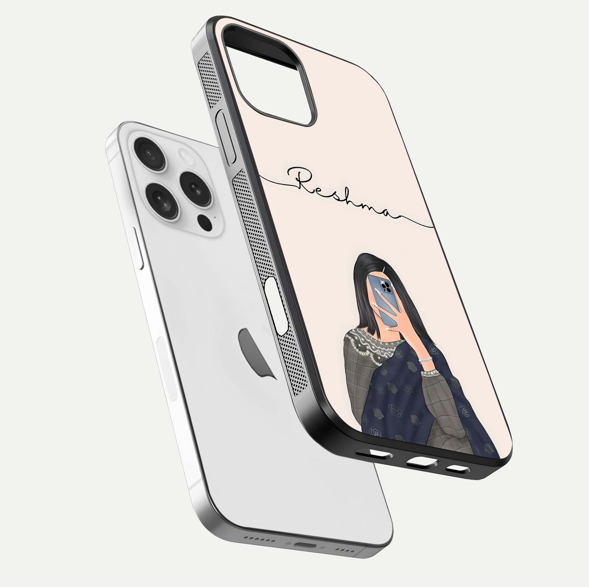 Mirror Mood Muse Custom Name Glass Case for iPhone 16 Pro floating dual-view mockup showing reflection and luxury style