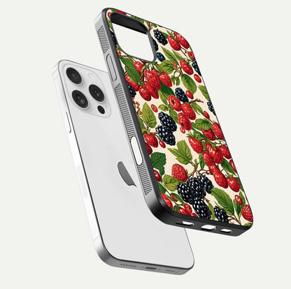 Mixed Berry Collage Glass Case for iPhone 16 Pro floating dual-view mockup showing gloss depth and vibrant design