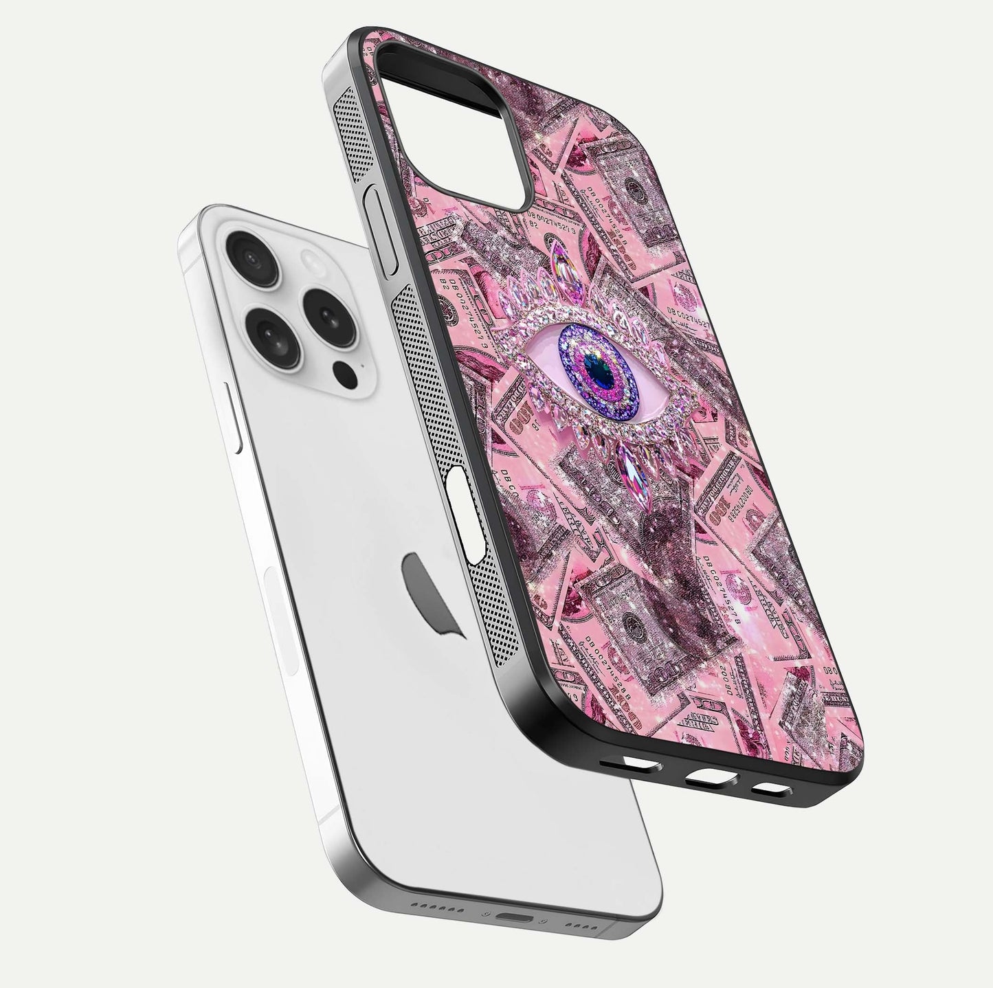 Money Eye Luxe Glass Case for iPhone 16 Pro floating dual-view mockup showing gloss surface and premium look