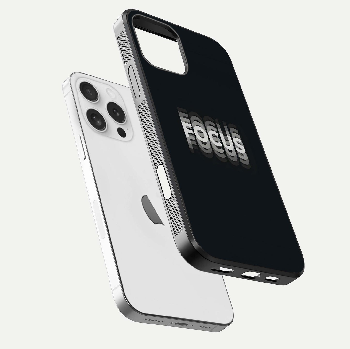 Mono Focus Vision Glass Case for iPhone 16 Pro floating dual-view mockup showing HD gloss and elegant simplicity