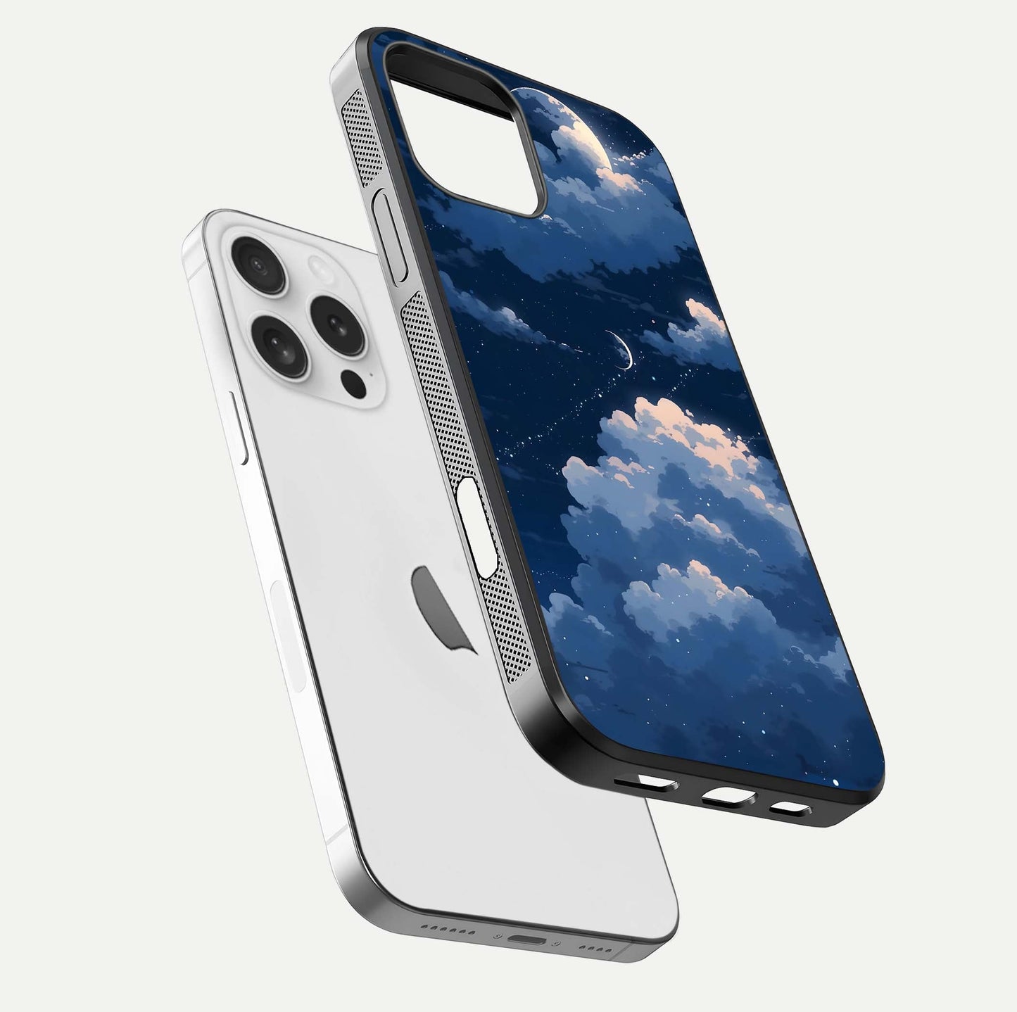 Moon Dream Haze Glass Case for iPhone 16 Pro floating dual-view mockup showing gloss texture and calm tones