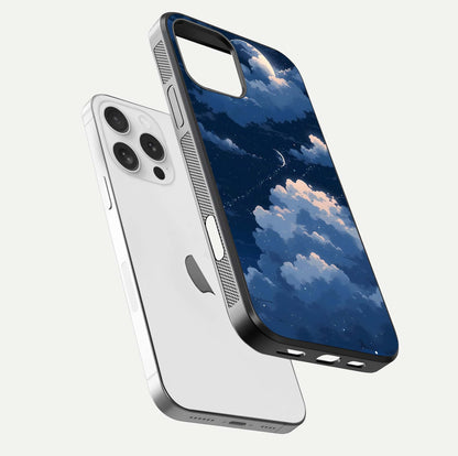 Moon Dream Haze Glass Case for iPhone 16 Pro floating dual-view mockup showing gloss texture and calm tones