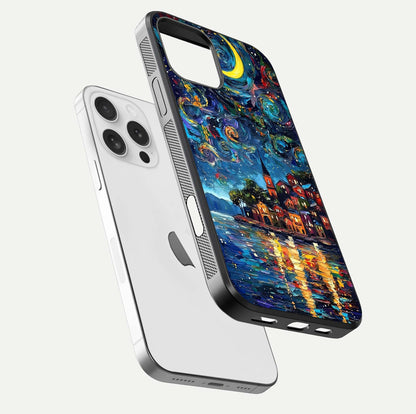 Moonlight Harbor Glow Glass Case for iPhone 16 Pro floating dual-view mockup showing gloss brightness and glow