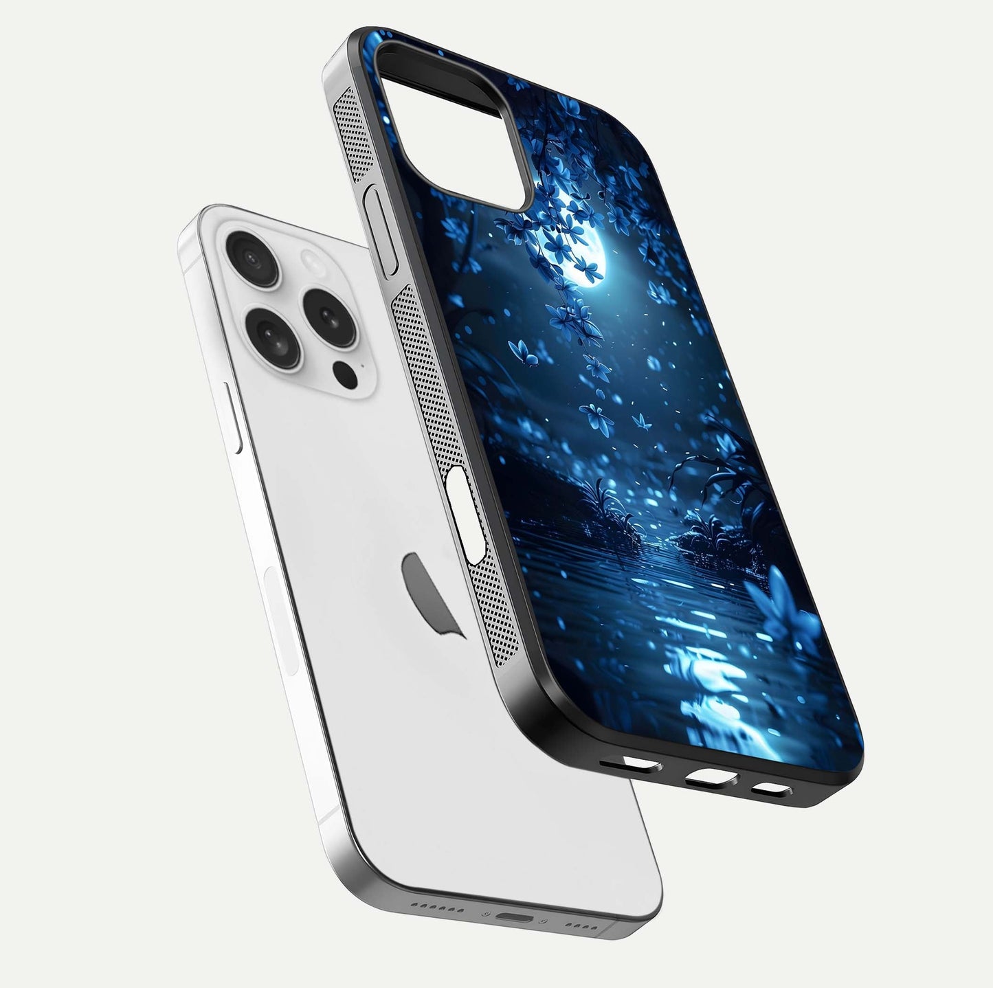 Moonlight Petal Dream Glass Case for iPhone 16 Pro floating dual-view mockup showing HD gloss and dreamy art